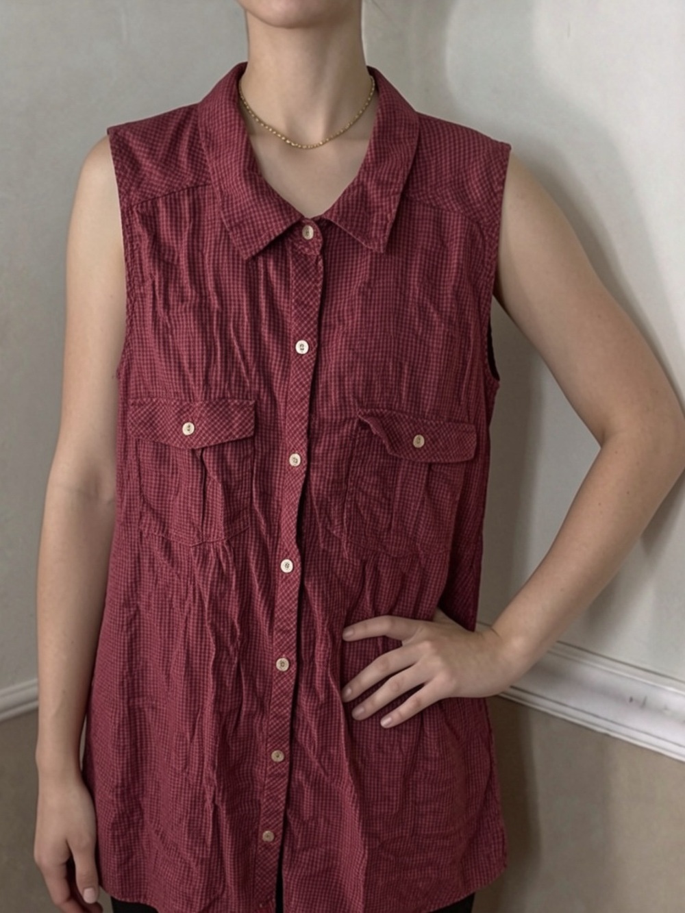 ❤️ 5 for $20! Maurices Sleeveless Button-Down Burgundy Checker Shirt